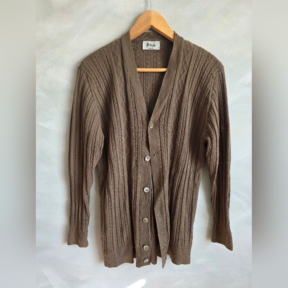Vtg Taupe Brown Pringle of Scotland cable knit button up cardigan Sz 46 Unisex